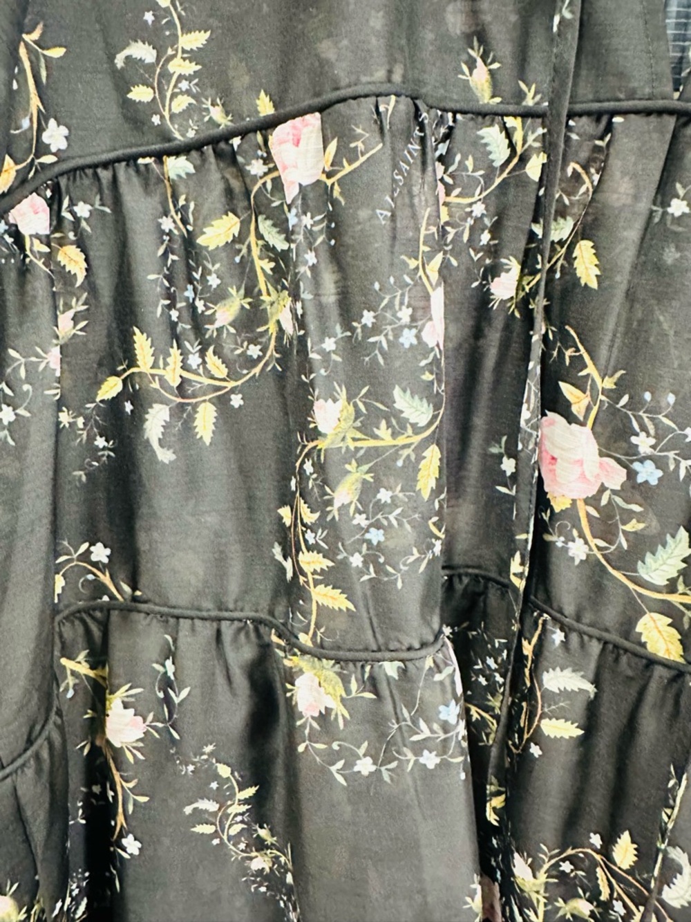 AllSaints Mandy Oto Mini Dress US 6 Black Floral Tiered Ruffle Neck Boho - Picture 8 of 8